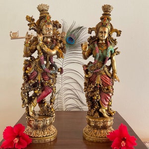 Radha Krishna Statue Hindu God Idol for Home Decor Pooja, 14 inches Radha Krishna Murti Copper Finish Wedding Gift ideas
