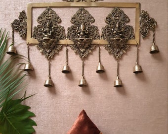 Brass Wall Hanging Bell, Lakshmi Ganesh Saraswati Bell Indian Decor, Brass Decor Entrance foyer, Indian home Decor, Gift
