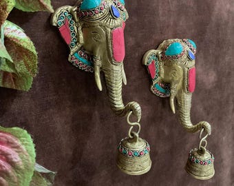 Elephant Hanging Bell (Set of 2), Brass Stonework Wall Decor with Bell, Indian Decorative Housewarming Gift