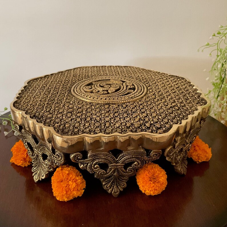 Brass Chowki for Idols, Pooja Chowki Stool, 11 Inches Brass Pooja