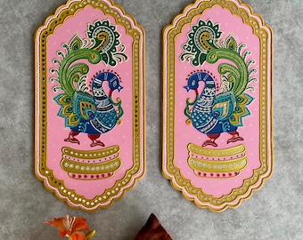 Lippan Art Wall Decor, Annapakshi Lippan Mirror Art (Set of 2) , Wall Hanging for living room, Indian Housewarming Gift