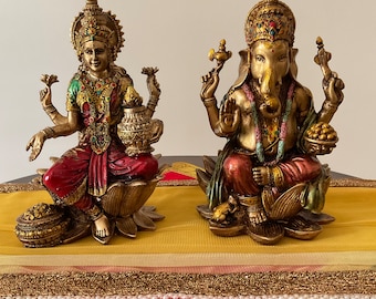 Lakshmi Ganesha Statue for home Altar, Hindu God Copper Finish Idol, Ganapati Laxmi Puja Murti, Housewarming Diwali Gift