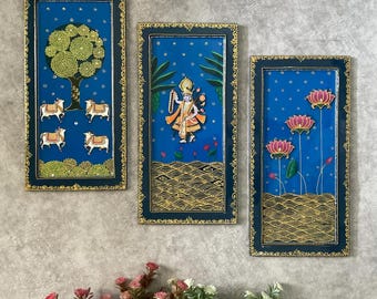 Shrinathji Jharoka Lotus Pichwai Wall Hanging (Set of 3), Indian Traditional Wall Decor, Housewarming Gift