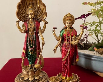 Vishnu Lakshmi Statue, Cultured Marble Copper Finish Murti For Home Decor and Pooja, Housewarming gift, Laxmi Narayana Temple Decor