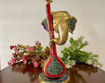Ganesha Statue With Veena Brass Idol Indian Decor, Stonework Brass Ganapati Statue for Home Decor, Good Luck Gift