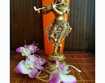 Brass Krishna Statue, 10 Inches Lord Krishna Brass Idol, Indian God Brass Statues, Home Entrance Decor, Hindu Temple, India Pooja Room Decor
