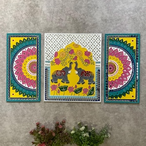 Lippan Art Wall Decor, Elephant Flower Rangoli Lippan Mirror Art (Set of 3) , Wall Hanging for living room, Indian Colourful Wall Ar image 1