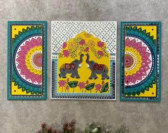 Lippan Art Wall Decor, Elephant Flower Rangoli Lippan Mirror Art (Set of 3) , Wall Hanging for living room, Indian Colourful Wall Ar
