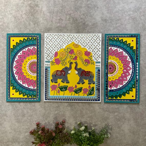 Lippan Art Wall Decor, Elephant Flower Rangoli Lippan Mirror Art (Set of 3) , Wall Hanging for living room, Indian Colourful Wall Ar