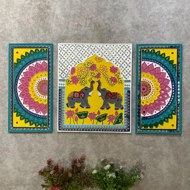 Lippan Art Wall Decor, Elephant Flower Rangoli Lippan Mirror Art (Set of 3) , Wall Hanging for living room, Indian Colourful Wall Ar image 1