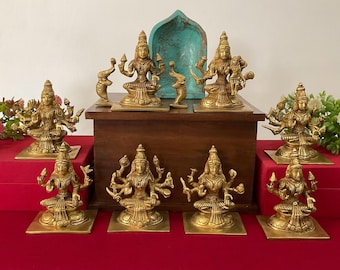 Brass Ashtalakshmi Statue 5 inch, Eight incarnations of Lakshmi, Indian Handicrafts Home Decor, Brass Ashta Laxmi Idol Set of 8 pieces