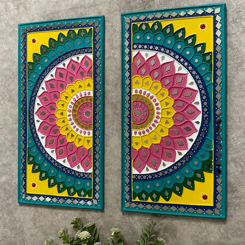 Lippan Art Wall Decor, Elephant Flower Rangoli Lippan Mirror Art (Set of 3) , Wall Hanging for living room, Indian Colourful Wall Ar image 5