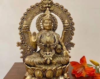 Lakshmi Statue Brass 15 Inch, Large Goddess Laxmi Idol for Pooja Temple, Hindu Goddess of Wealth, Indian Home Decor Housewarming Gift