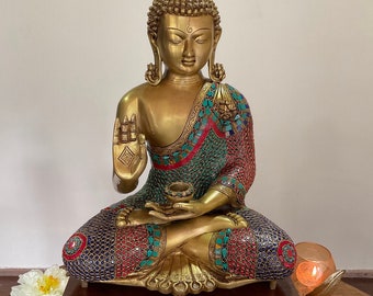Buddha Statue Large, 20 Inches Lord Buddha Brass Idol With Stonework, Buddha home Decor - Buddhist Meditation Room Decor, Gift