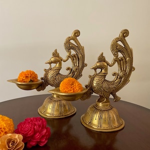 Annam Brass Diya Set of 2, Peacock Oil Lamp Stand Decorative Deepak, Indian Diya for Home Decor, Pooja Mandir Diyas