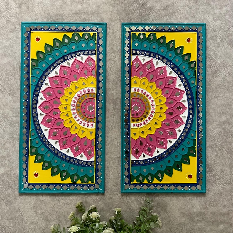 Lippan Art Wall Decor, Elephant Flower Rangoli Lippan Mirror Art (Set of 3) , Wall Hanging for living room, Indian Colourful Wall Ar image 4
