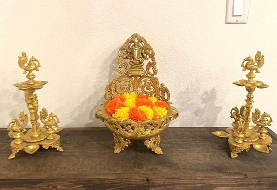 Set Of 2 Diya Deepak Pooja Flower Diya Item Brass Oil Lamp Indian Traditional Housewarming Festival New Year Decoration Aarti Lighting Accessories Gift Items