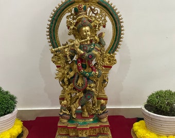 Lord Krishna Statue Brass Stonework, 32 Inch Krishna Idol Decorative Figurine, Home Pooja Decor, Indian Gift