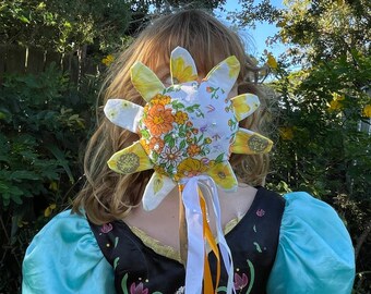 One of a kind fabric flower wand, made from hand embroidered vintage fabric with a eucalyptus handle for dress ups and pretend play