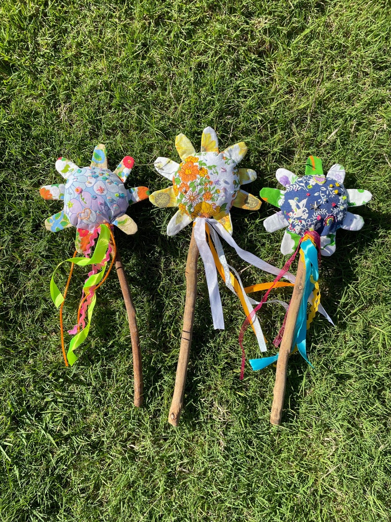 Flower wands, one of a kind made from vintage style fabric flower with eucalyptus handle for dress ups and pretend play image 1