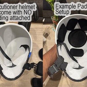 May include: A white executioner helmet with black horns and black adjustable chin straps. The left view shows the interior without padding, labeled 'Executioner helmet will come with NO padding attached'. The right view shows an 'Example Padding Setup'.