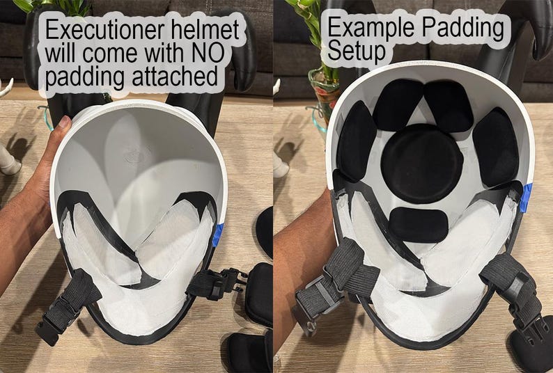 May include: A white executioner helmet with black horns and black adjustable chin straps. The left view shows the interior without padding, labeled 'Executioner helmet will come with NO padding attached'. The right view shows an 'Example Padding Setup'.