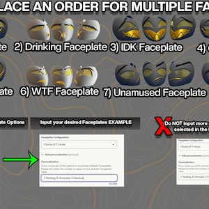 May include: A guide for ordering multiple faceplates featuring eight distinct designs labeled 1 through 8, including Smile, Drinking, IDK, Grin, Resting, WTF, Unamused, and Joy. The image includes instructions on selecting options and inputting personalization.