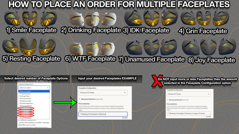 May include: A guide for ordering multiple faceplates featuring eight distinct designs labeled 1 through 8, including Smile, Drinking, IDK, Grin, Resting, WTF, Unamused, and Joy. The image includes instructions on selecting options and inputting personalization.