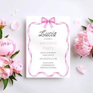 Geburtstagseinladung Mädchen rosa Schleife digital Aquarell personalisiert Kindergeburtstag Vorlage Download Einladungskarte A6 Party