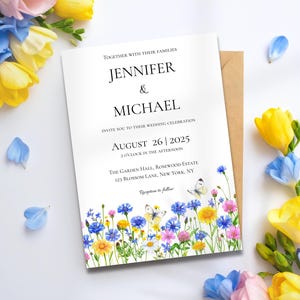 Hochzeitseinladung digital Blumenwiese Aquarell editierbar personalisiert Sommer Gartenhochzeit Schmetterlinge A6 Vorlage Download