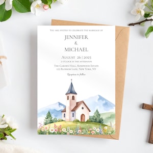 Kirchliche Hochzeitseinladung Vorlage, Aquarell Blumen Design, Editierbar, Druckbar, Personalisierte Digitale Einladung, Trauung
