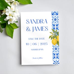 Modèle de faire-part de mariage « Save the Date », carreaux de citron méditerranéens, invitation numérique florale bleu jaune, PDF modifiable, carte imprimable DIY