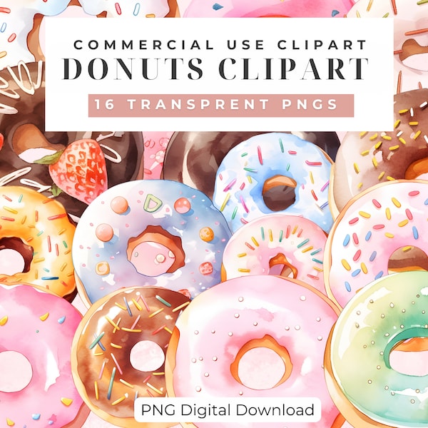 Watercolor Donuts Clipart set  Birthday Party Clip Decorations  Bakery logo png Instant Download