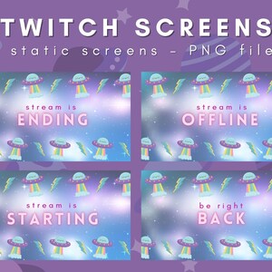 4 Kawaii UFO Twitch Stream Screens, Cute Outer Space Theme Twitch Backgrounds - Offline/Stream Starting/Stream Ending/Be Right Back Banner