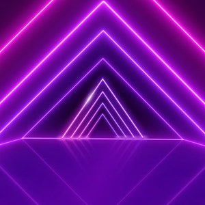 May include: A series of glowing pink neon triangles create a tunnel effect with a reflective surface.