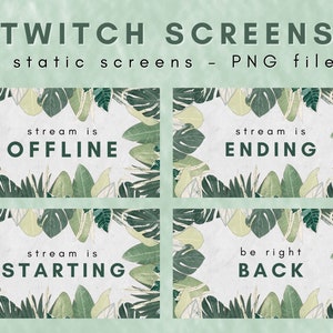 Könnte beinhalten: Vier grüne und weiße Twitch-Stream-Bildschirme mit tropischen Blattmotiven und Textüberlagerungen. Die Bildschirme zeigen "stream is OFFLINE", "stream is ENDING", "stream is STARTING" und "be right BACK".