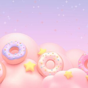 Puede incluir: Una fila de donuts coloridos con glaseado rosa, azul y blanco, decorados con chispas, sentados en nubes rosadas esponjosas con estrellas amarillas. El fondo es un degradado suave rosa y morado con brillo blanco.