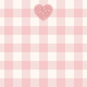 May include: A pink and white gingham background with a pink heart in the center.