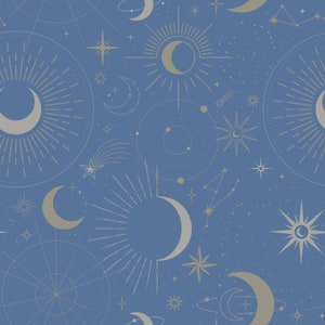 May include: A seamless pattern featuring a celestial design with crescent moons, stars, and sunbursts in gold on a blue background.