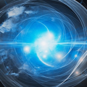 Puede incluir: Arte digital abstracto con un patrón azul y blanco en espiral. El centro de la imagen presenta un orbe azul brillante con reflejos blancos. El fondo es negro.