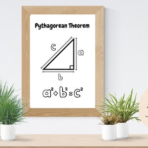 Puede incluir: Un póster imprimible con una ilustración en blanco y negro de un triángulo rectángulo etiquetado con las letras a, b y c. El teorema de Pitágoras está escrito debajo del triángulo: a² + b² = c². El póster tiene un fondo blanco y un marco de madera.