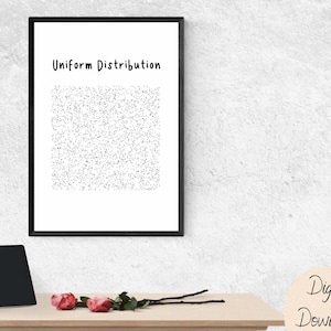 Könnte beinhalten: Ein schwarzer gerahmter Druck mit dem Text "Uniform Distribution" auf weißem Hintergrund. Der Druck hängt an einer weißen Wand über einem Holztisch mit einem schwarzen Tablet und rosa Rosen.