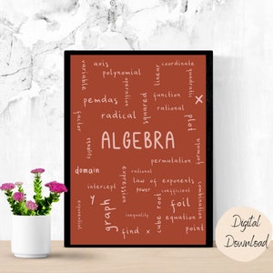 Op de afbeelding: Een rode en witte woordwolk met het woord "ALGEBRA" in het midden. De woordwolk bevat termen die te maken hebben met algebra, zoals "as", "polynoom", "functie", "radicaal", "domein", "snijpunt", "grafiek", "vergelijking", "ongelijkheid", "exponent", "coëfficiënt", "permutatie", "formule", "plot", "kwadraat", "x vinden", "macht", "kubuswortel", "folie", "rationeel", "uitdrukking", "combinatie", "gelijkheid", "factor", "variabele", "lineair", "kwadratisch" en "pemdas".