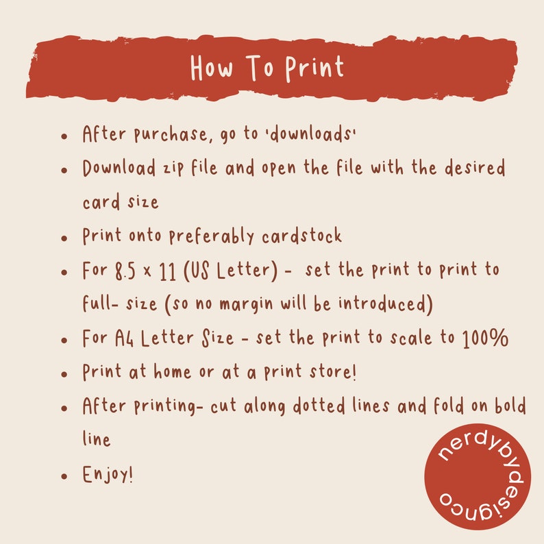 May include: A red and white graphic with instructions on how to print a digital download. The text reads "How To Print" and includes instructions to download a zip file, print on cardstock, and cut along dotted lines.