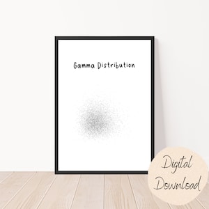 May include: A framed print with the words "Gamma Distribution" in black script at the top. A gray speckled design is centered on the white background. The words "Digital Download" are in a circle at the bottom.