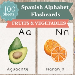 Spanish fruits and vegetables Alphabet Flashcards - Bilingual Learning PDF - Educational ABC Cards - Printable Teacher Resource