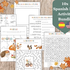 May include: A bundle of 10 Spanish Fall activity worksheets for kids. The worksheets include a word search, a puzzle, a maze, a 'I Spy' game, and a word scramble. The worksheets feature fall-themed illustrations like pumpkins, acorns, and leaves.