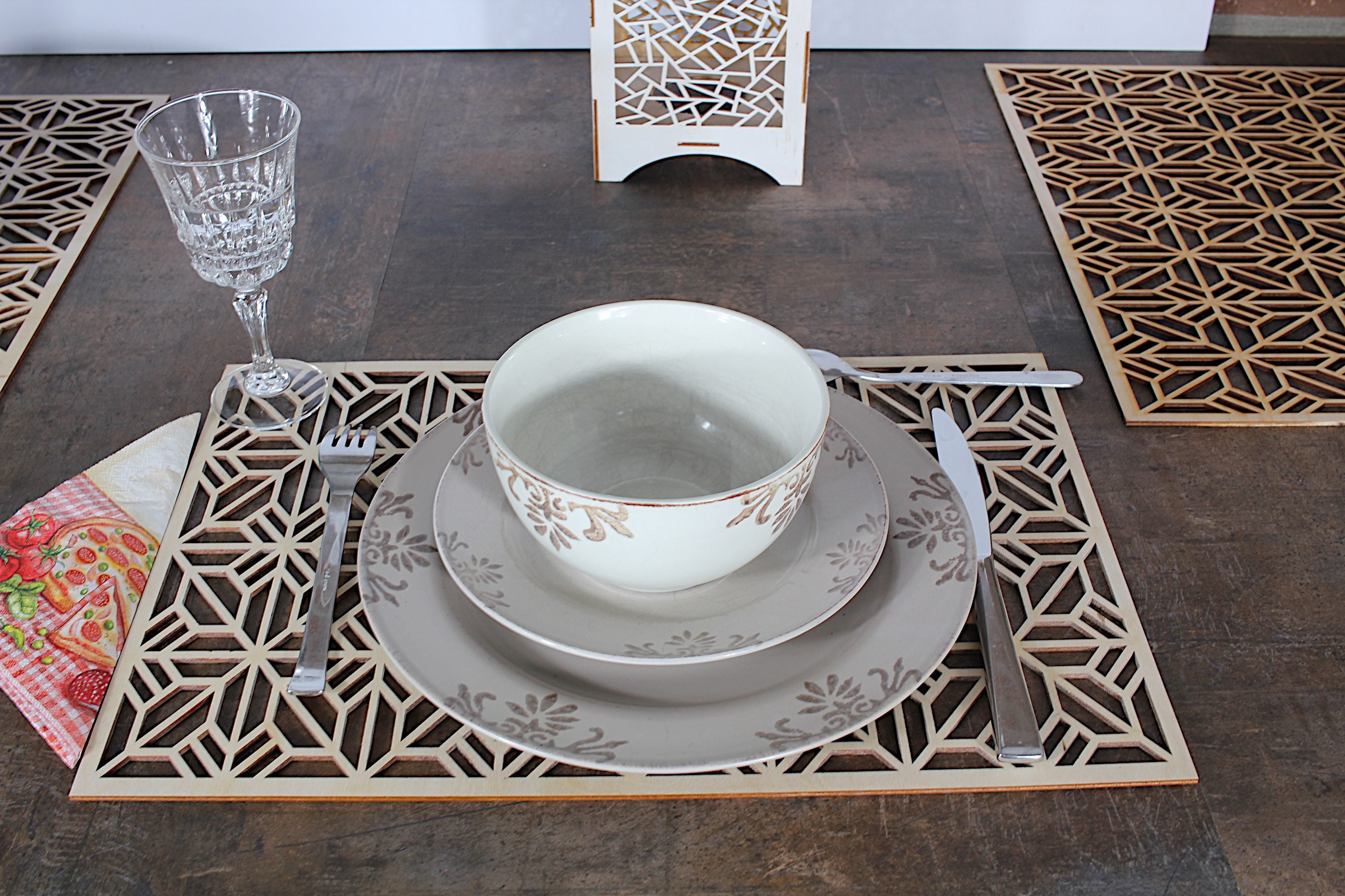 Large Rectangular Place Mat, Wooden Place Mats, Laser Cut Geometric