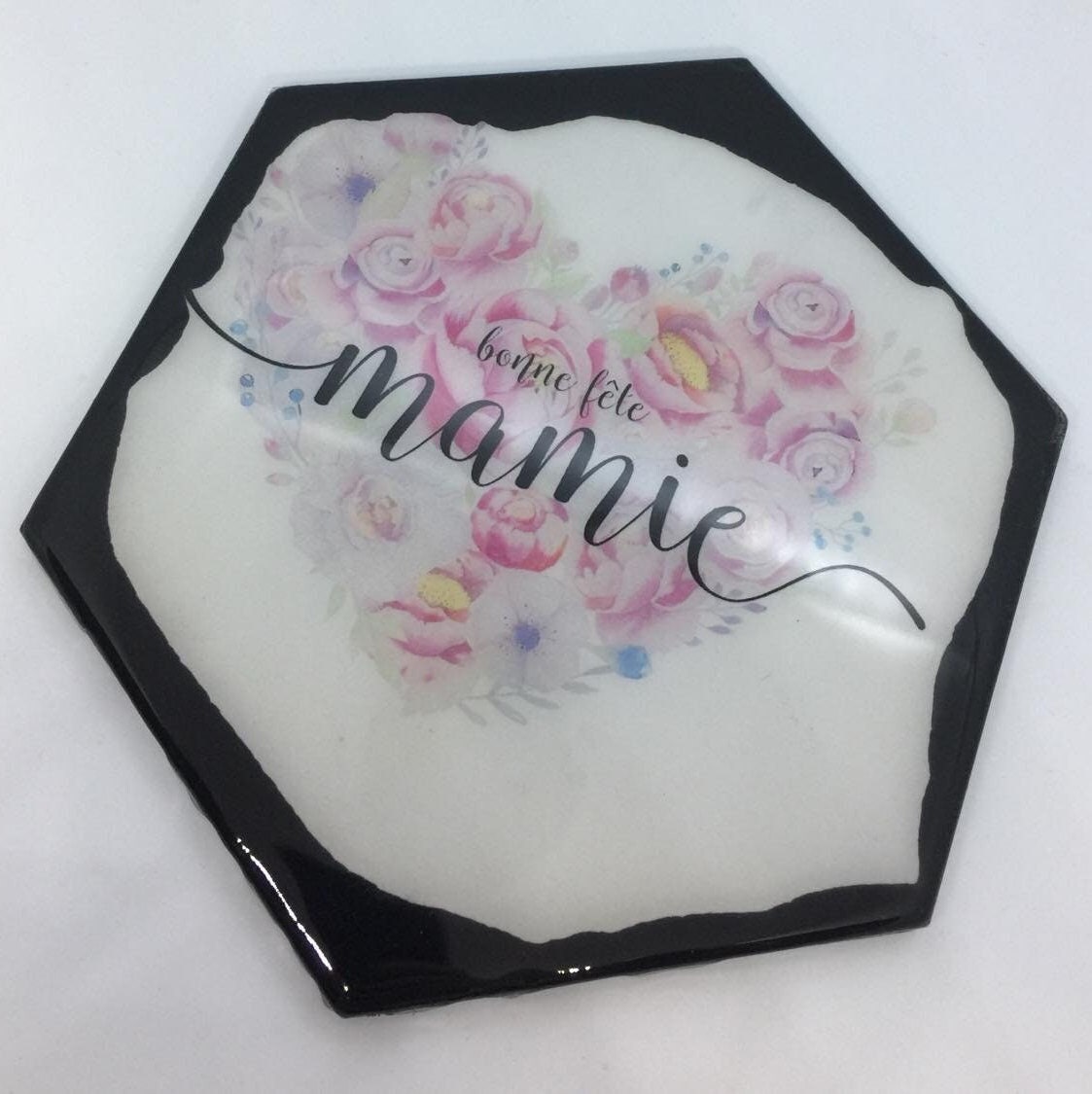Vide Poche/Dessous de Plats Bonne Fête Mamie - Hexagonal 22x25 cm Résine Epoxy Brillant Pour La Des 