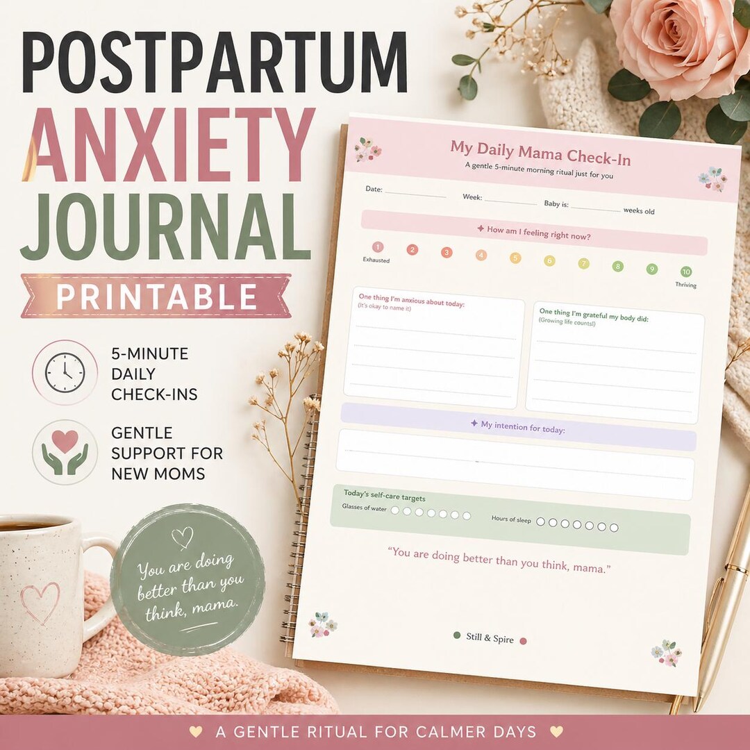 Postpartum Anxiety Journal Printable for New Moms | Daily Mental Health ...